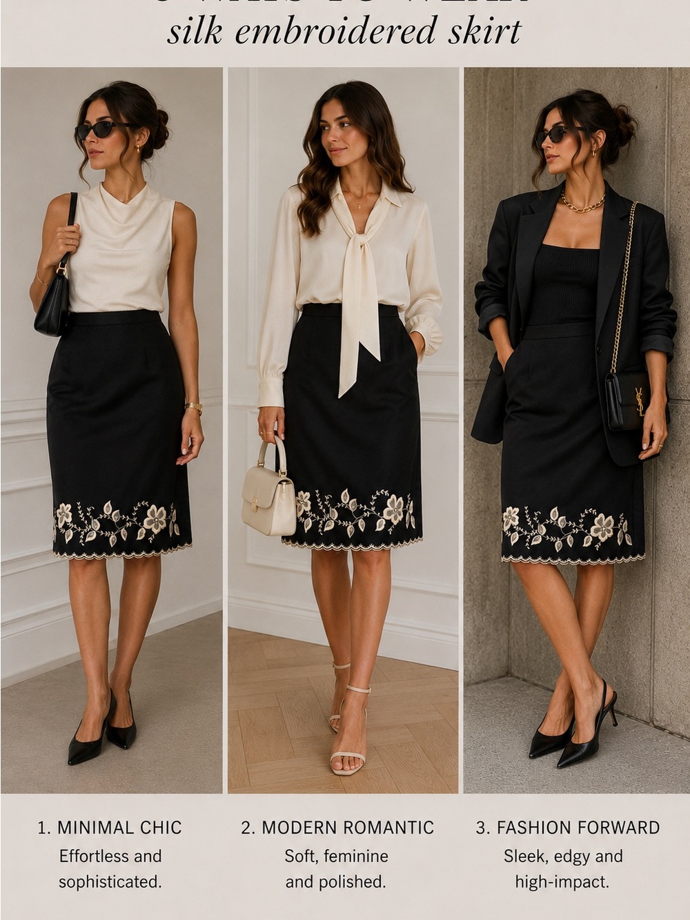 Ann Taylor Black Silk Pencil Skirt with Cream Floral Embroidery